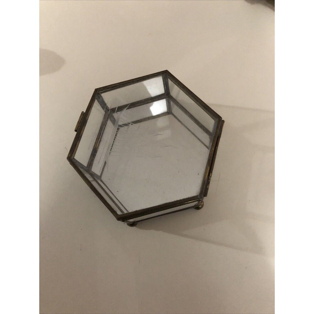 Jewelry‎ Hexagon Glass Mirror Box Bottom Vintage Made in Mexico 4.5 in x 2 in